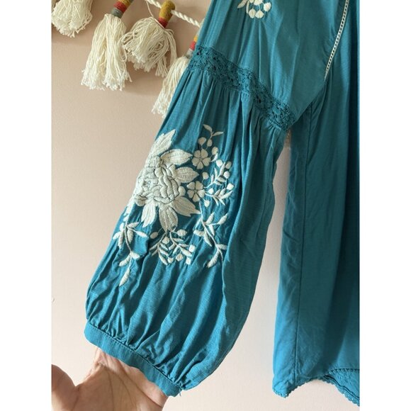 Sundance Teal Embroidered Floral Naomi Isles Top Boho Peasant Feminine Cottage S - Picture 3 of 9